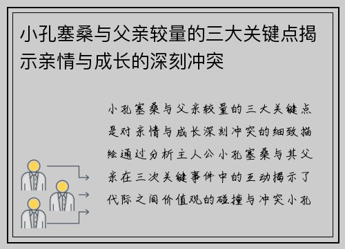 小孔塞桑与父亲较量的三大关键点揭示亲情与成长的深刻冲突