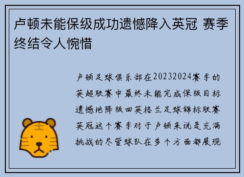 卢顿未能保级成功遗憾降入英冠 赛季终结令人惋惜 卢顿未能保级成功遗憾降入英冠 赛季终结令人惋惜
