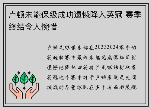 卢顿未能保级成功遗憾降入英冠 赛季终结令人惋惜 卢顿未能保级成功遗憾降入英冠 赛季终结令人惋惜