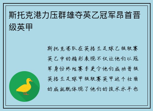 斯托克港力压群雄夺英乙冠军昂首晋级英甲 斯托克港力压群雄夺英乙冠军昂首晋级英甲